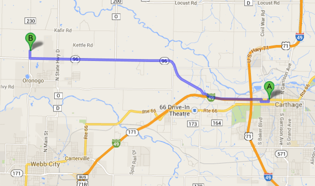 Map: Carthage to 1st Baptist, Oronogo