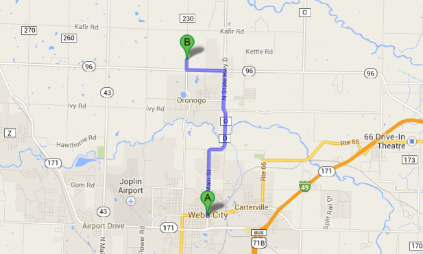 Map: East Joplin/Webb City to 1st Baptist, Oronogo