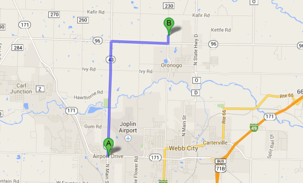 Map: West Joplin to 1st Baptist, Oronogo